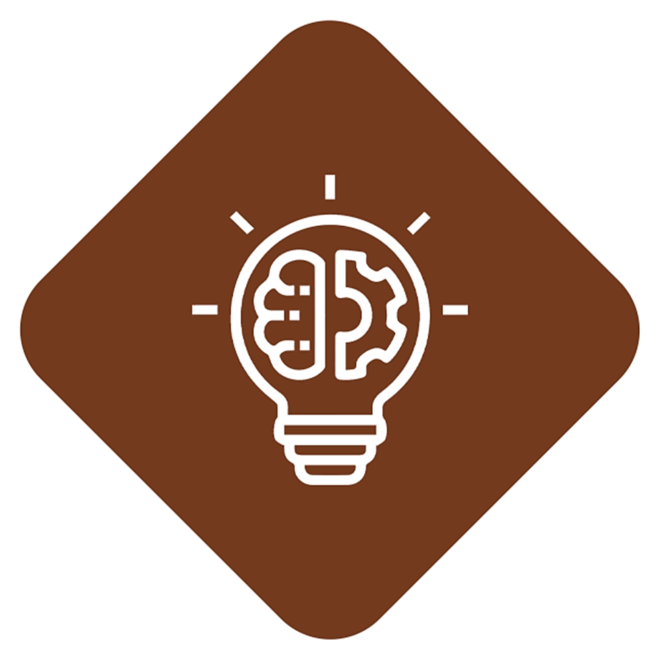 Brown diamond-shaped icon featuring a bulb , symbolizing bright ideas.
