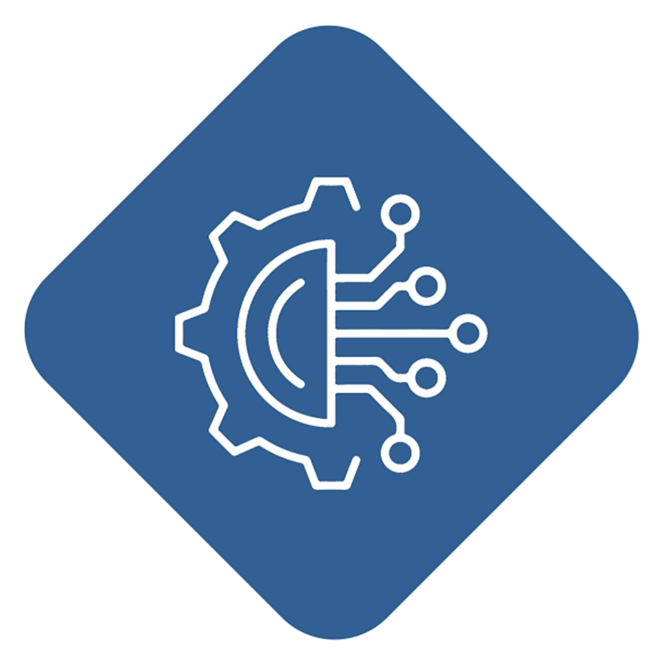 Blue diamond-shaped icon featuring a chip , symbolizing technology innovation