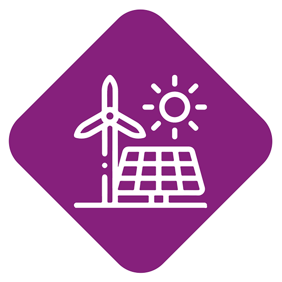 Purple diamond-shaped icon featuring a wind turbine, a solar panel, and the sun, symbolizing renewable energy and sustainability