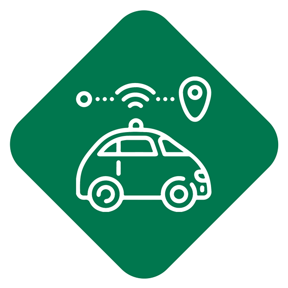 Green diamond-shaped icon featuring a car , symbolizing innovation in transportation and mobility sectors