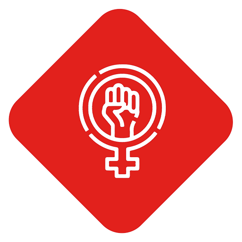 Red diamond-shaped icon with a raised fist inside the female gender symbol, representing gender empowerment and equality.